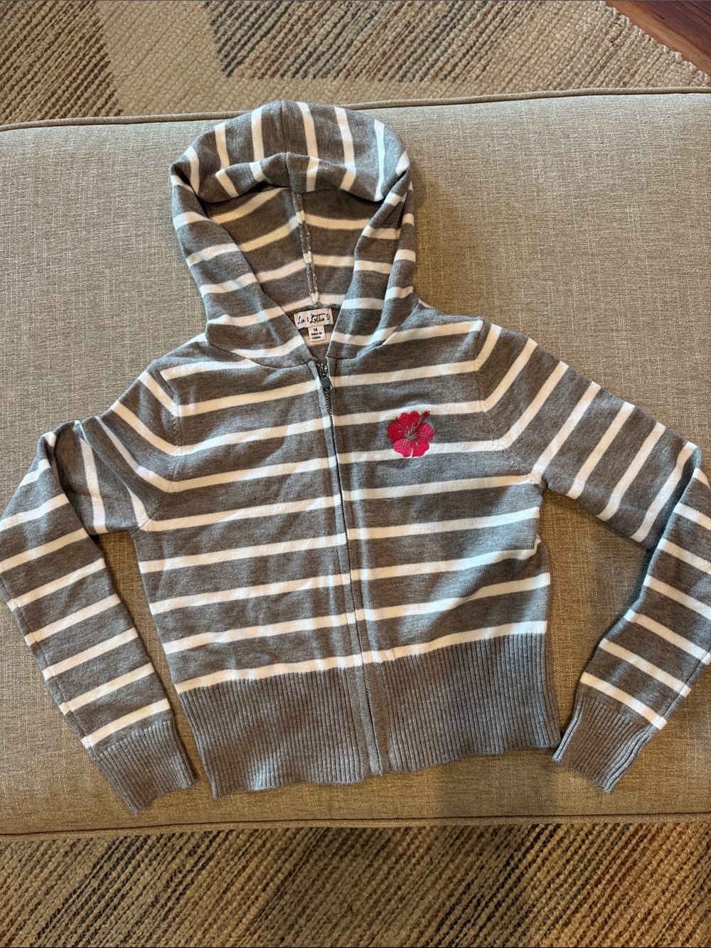Girls' Grey & White Striped Zip Hoodie with Pink Flower